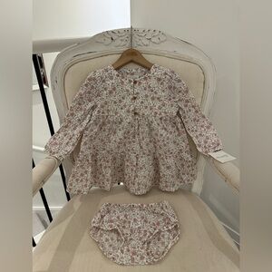 🦢 24 Mth Organic Floral & Swiss Dot Long Sleeve Baby Dress with Matching Bloomer